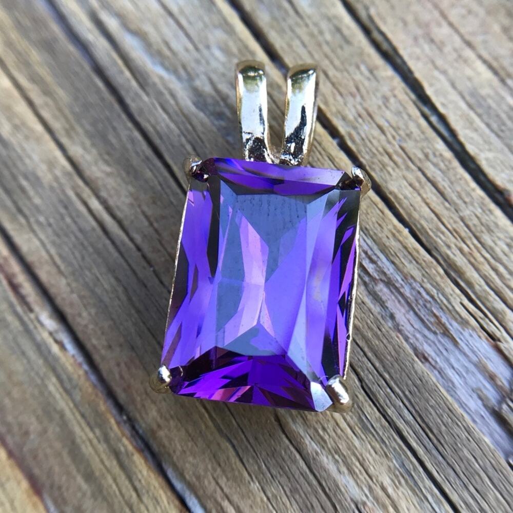 Emerald cut faux amethyst gold tone and purple slide pendant - Fashion Jewelry